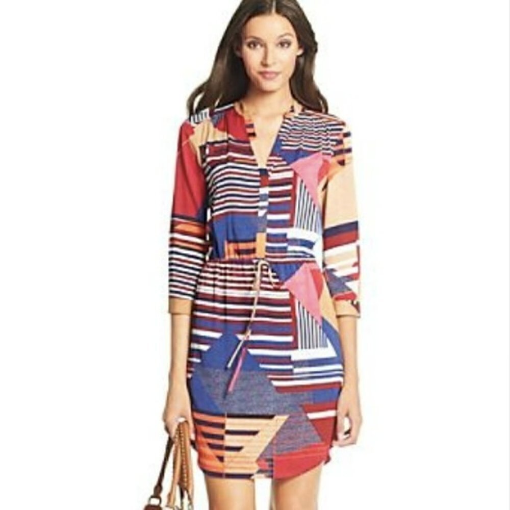 Diane von Furstenberg Freya Drawstring Mixed Print Silk Dress Red Tan 2 preppy